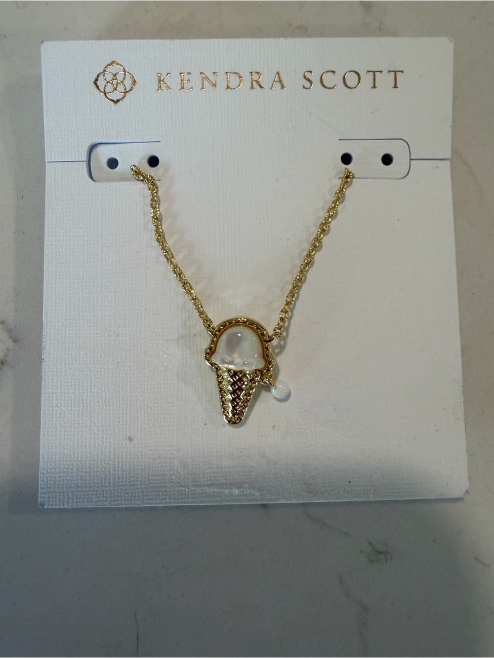 Kendra Scott Gold Ice Cream Cone Necklace with White Stone